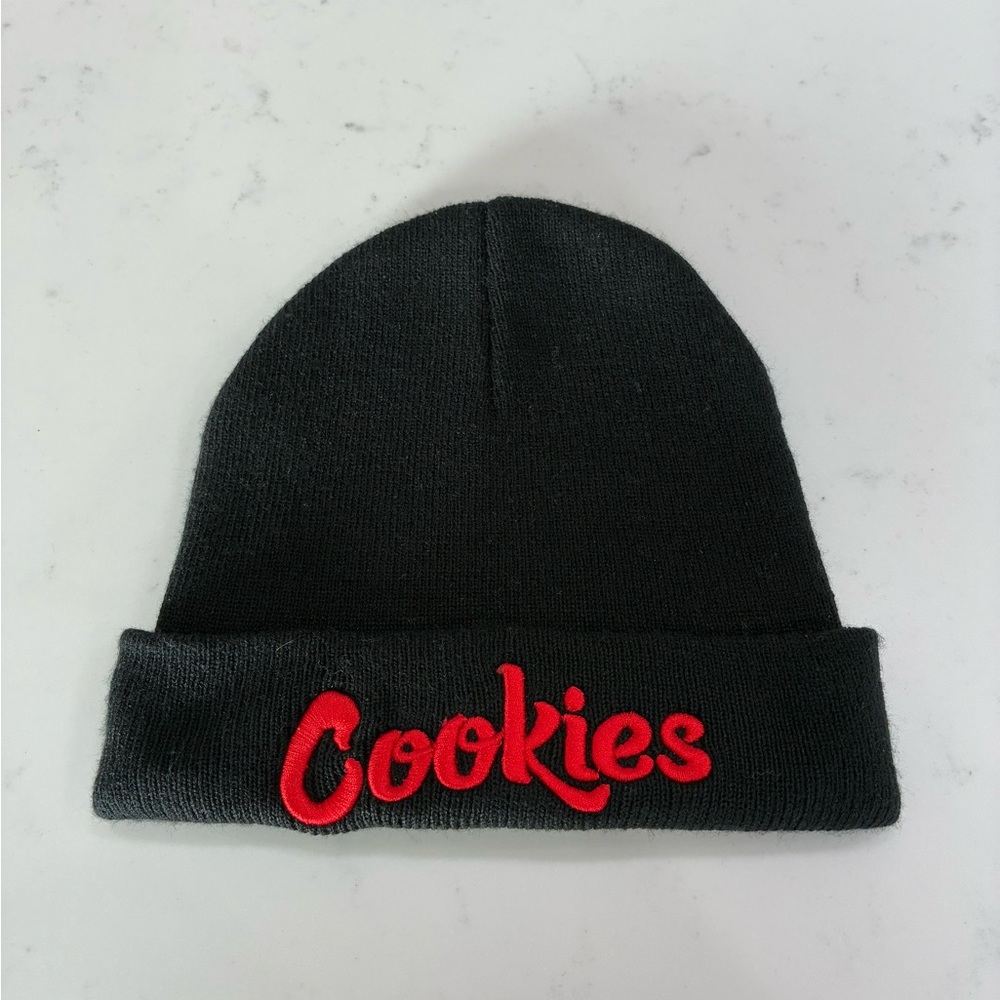 Black Cookies beanie with red embroidery lettering